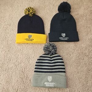 Merrimack College Set Of 3 Winter Hats Pompom Andover Blue Grey Yellow OS